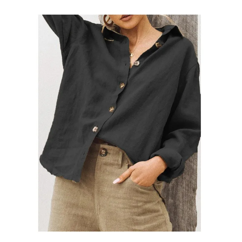 

Women Shirt Elegant Solid Cotton and Linen Vintage Button Up Casual Long Sleeve