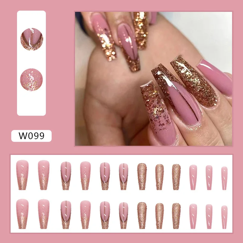 

24PCS Artifical Nails With Glue Long Coffin Fake Nail Tips With Design Detachable Press On Nails Long Fake Nail Finished Nail