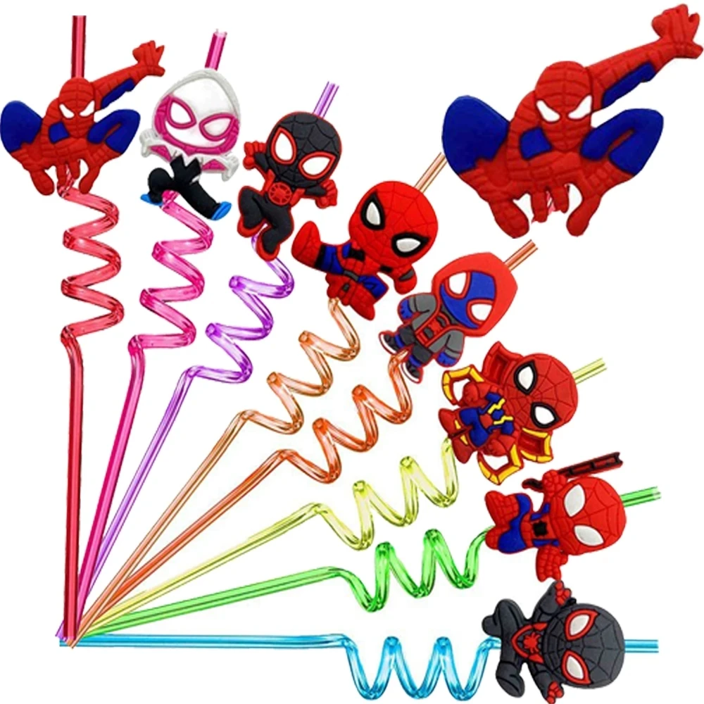 

12Pcs Spiderman Birthday Party Supplies Reusable Drinking Straws Minnie Pooh Plastics Straw For Kids Baby Shower Decorations