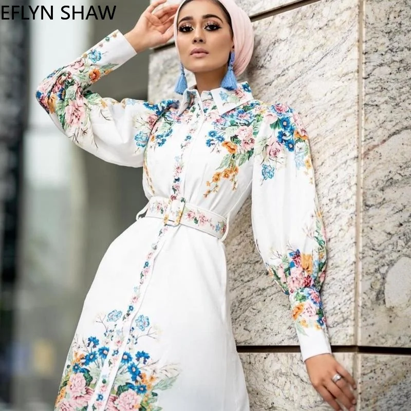 Платье женское длинное в арабском стиле, элегантный белый мусульманский модный халат с поясом и цифровым принтом, с пышными рукавами, на пуг...