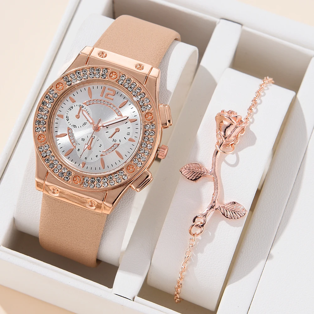 

2PCS Set Women Watch Luxury Fashion Elegant Alloy Wristwatch for Ladies Gift Quartz Watch Rose Gold Bracelet Ladies Watches