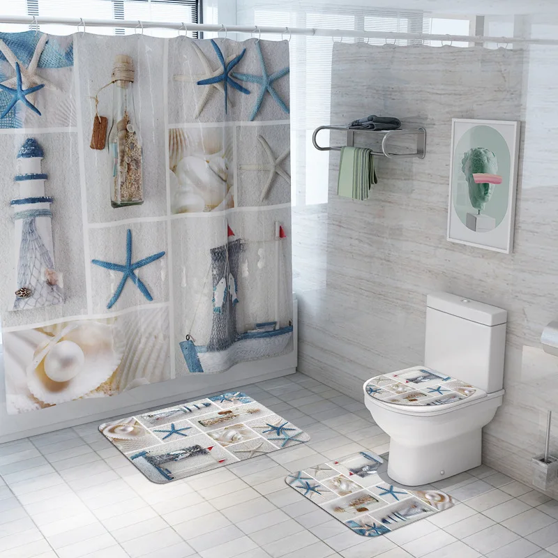 

Creative Beach Starfish Plaid Home Decor Bathroom Toilet Cover Sets Waterproof Shower Curtain Home Textile Mats Carpet Suits