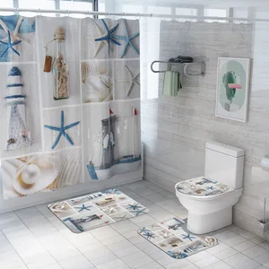 creative beach starfish plaid home decor bathroom toilet cover sets waterproof shower curtain home textile mats carpet suits free global shipping
