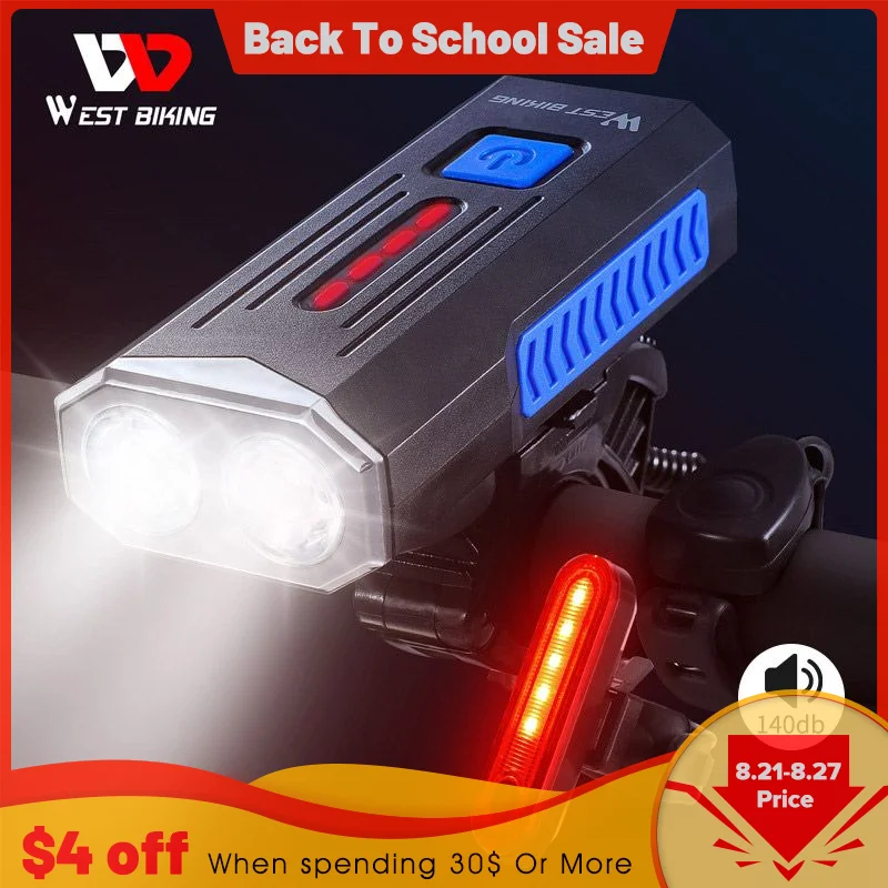 

WEST BIKING 1000 Lumens Bike Light 140db Horn Bell USB Rechargeable Headlight Tailight Waterproof LED Cycling Front Rear Lamp