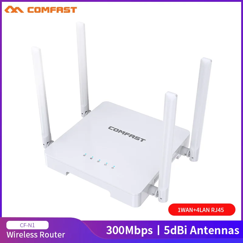 

Comfast CF-N1 2.4GHz 300Mbps Wireless Router Home WiFi Router 1 WAN+4 LAN RJ45 Ports 4*5dbi High Gain Omnidirectional Antenna