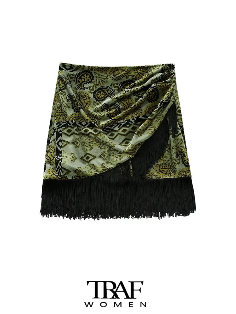 

TRAF Women Fashion With Fringed Printed Velvet Wrap Mini Skirt Vintage High Waist Back Zipper Female Skirts Mujer