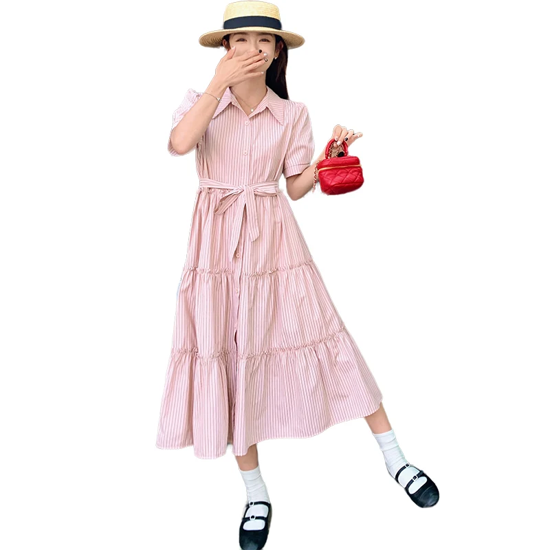 Женское длинное платье-рубашка розовое платье в полоску во французском стиле