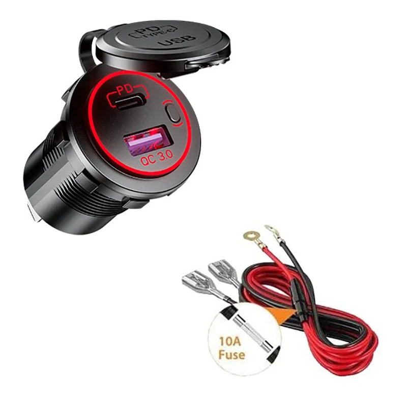 

PD Type C USB Car Charger and QC 3.0 Quick Charger 12V Power Outlet Socket with ON/Off Switch for Motorcycle RV ATV,Red