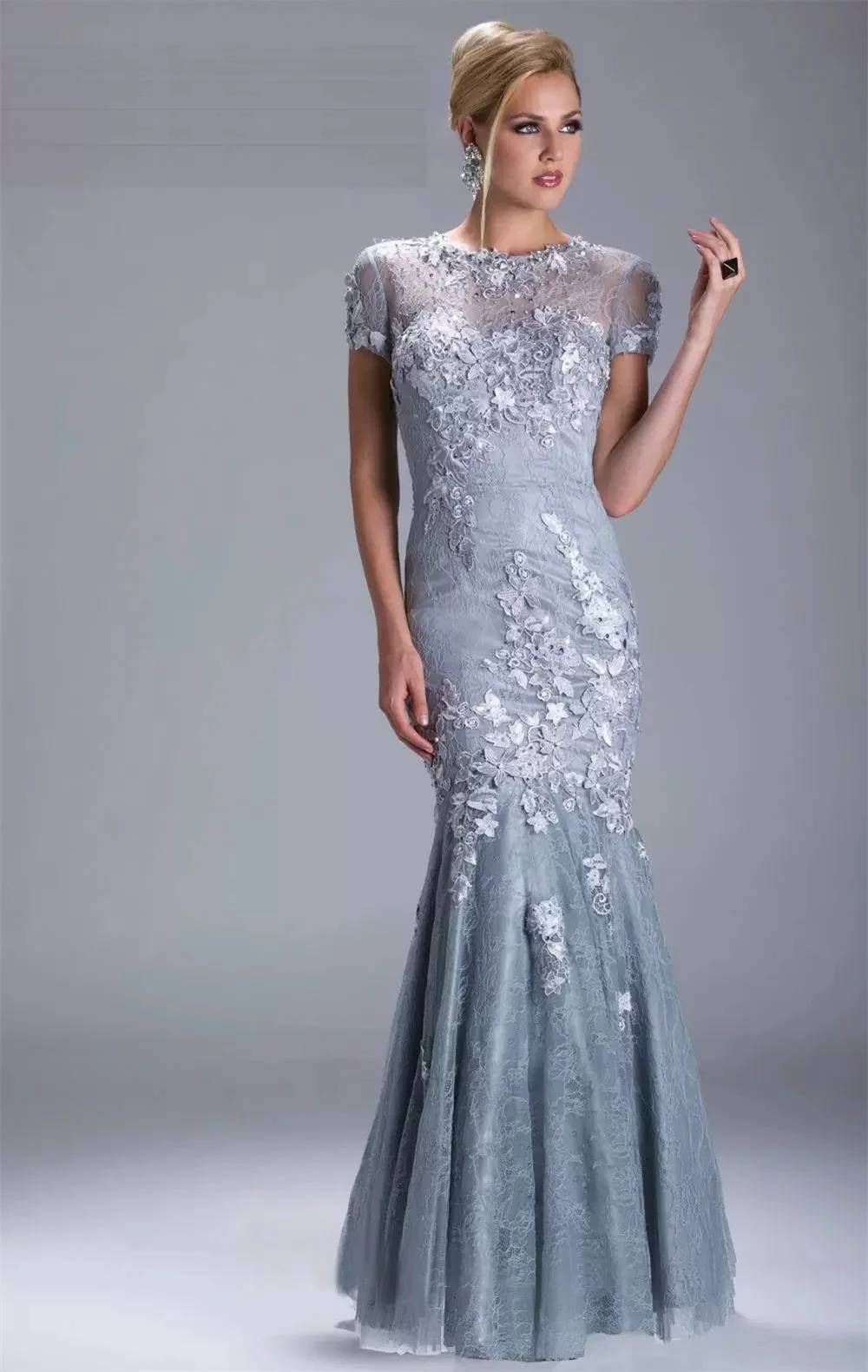 

Short Sleeve Evening Mother Of The Bride Dresses Beads Lace Applique Mermaid Crystal Floor Length Guests Gowns robe de fête de m