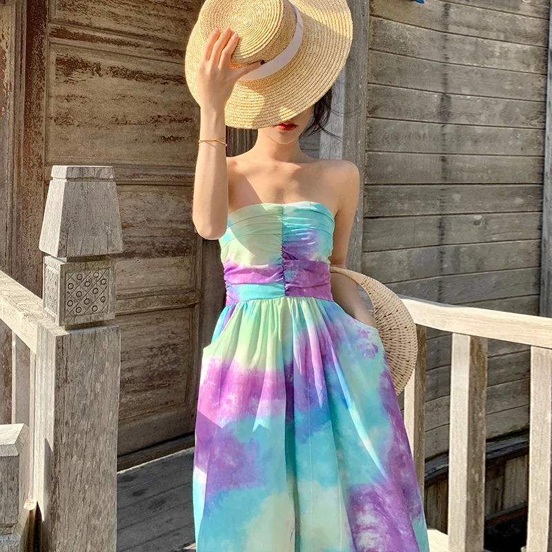 

Платье в стиле Tie Dye для женщин, летнее пляжное, для отпуска, повседневные, без бретелек, модные сексуальные платья с открытой спиной для женщ...