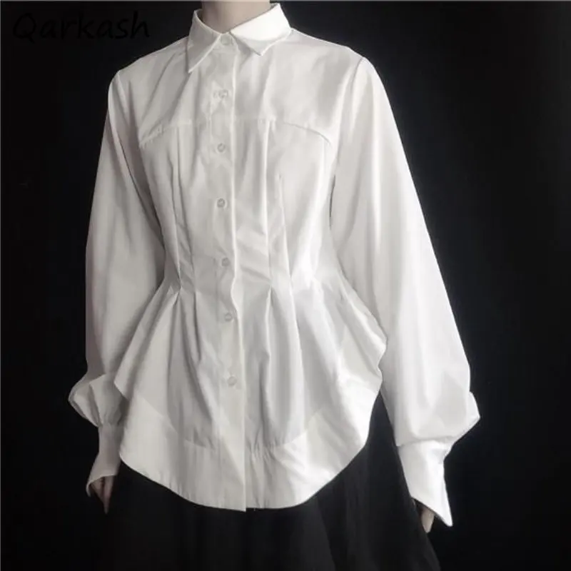 

Рубашка женская асимметричная с длинным рукавом, элегантная блуза со складками в стиле минимализма, повседневная одежда, белый цвет, на весну
