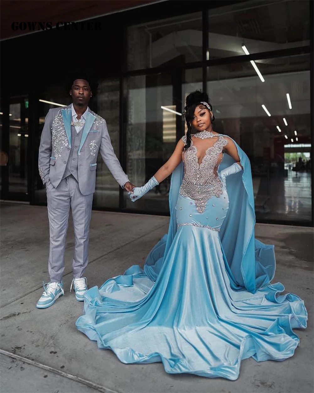 

Sky Blue Velvet Sliver Crystal Beading Prom Dresses For 2023 Luxury Designer Party With Cape Mermaid Black Girls Bespoke