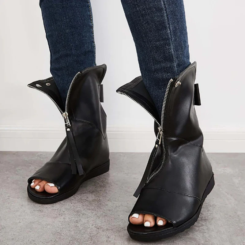 New Cool Cowbloys Sandals Womens Boots PU Open Toe Front Zip Bow Platform Vintage West Knight Ladies Shoes Walking Ridding Boots