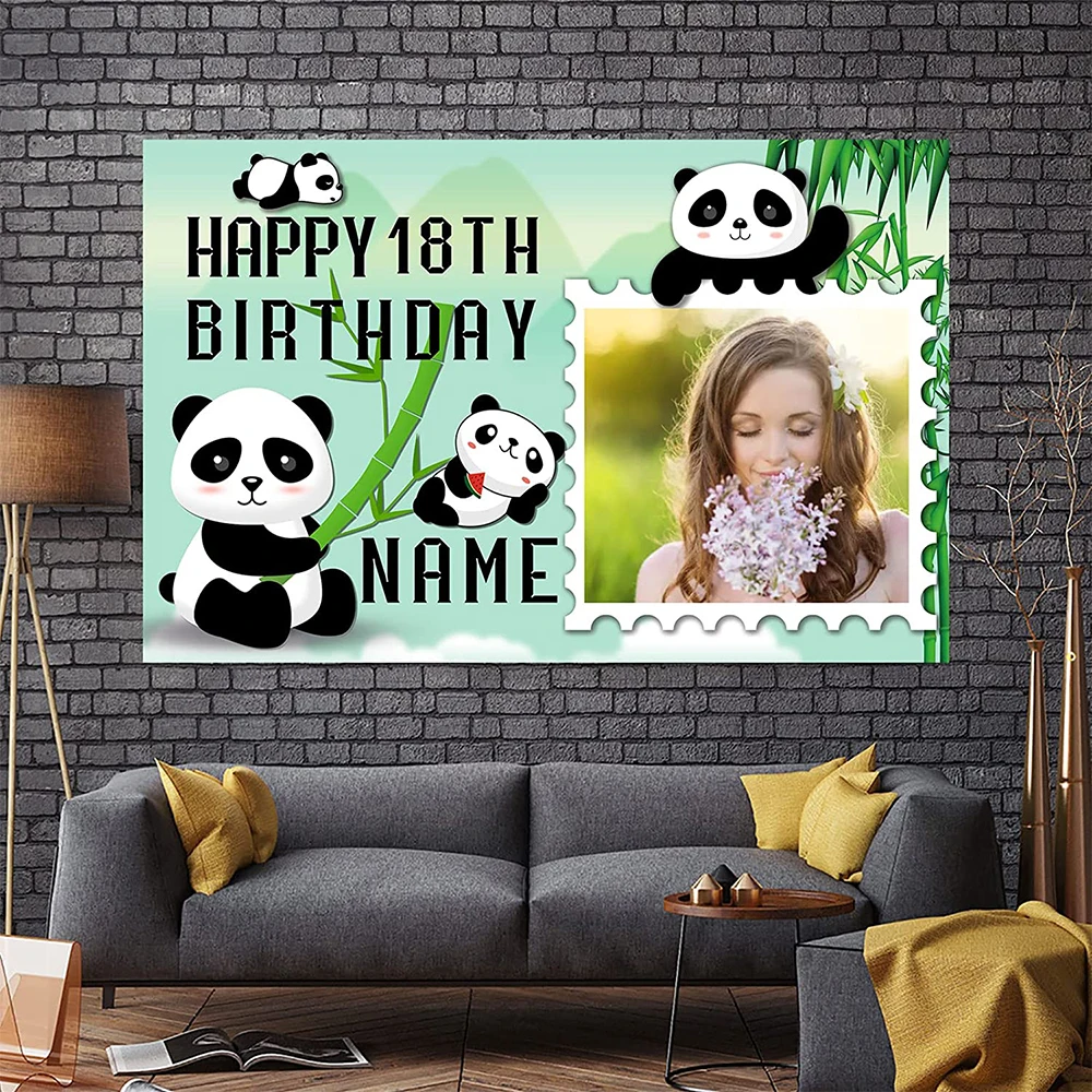 

Custom Cartoon Panda Happy Birthday Background Green Bamboo Panda Theme Baby Shower Banner Kids Birthday Party Cake Table Decora