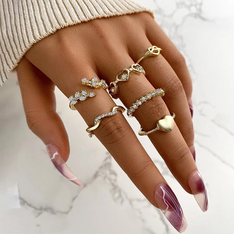 

Vintage Gold Color Love Heart Geometric Midi Joint Ring Set for Women Minimalist Metal Opening Knuckle Ring 2022 Jewelry Gift