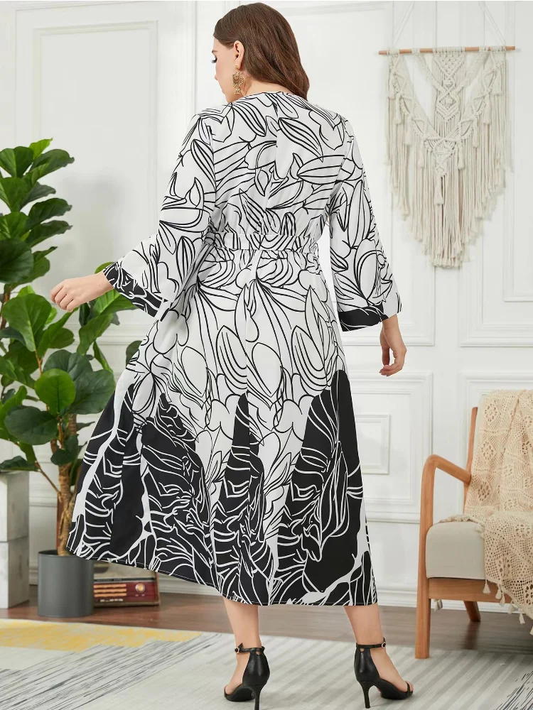 Spring and summer new temperament plus size printed skirt elastic waist dress plus size dress for women