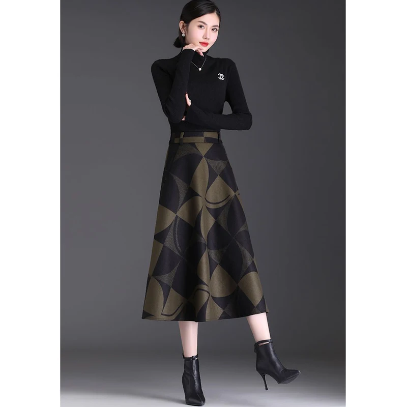 Женская шерстяная тканевая юбка трапециевидной формы с принтом