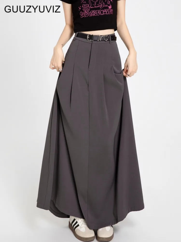 

GUUZYUVIZ Летняя Расклешенная плиссированная юбка с высокой талией, женские свободные длинные юбки