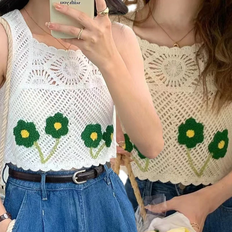 

Hollow Knit Geometric Beachwear Tank Top Women Crochet Flower Cropped Blouse
