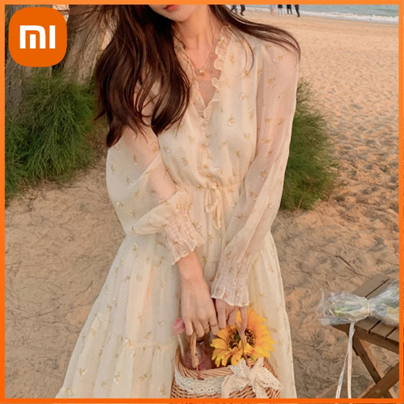 

Xiaomi V-neck Elegant Sweet Dress Women Long Sleeve Chiffon Floral Dress Party Beach Dress Female Korean Style Summer Chic