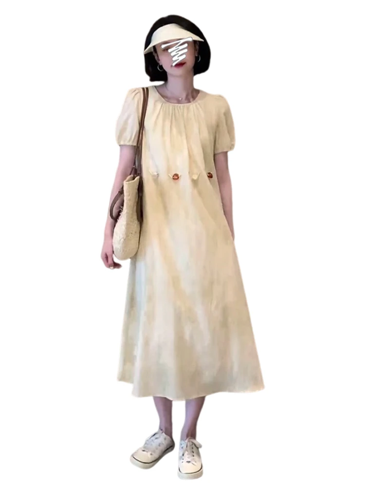 Платье с коротким рукавом во французском стиле Свободное длинное приталенное