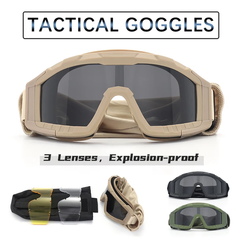 

Military Tactical Goggles Shooting Glasses Outdoor Sports Hiking Mountaineering Wind & Sand Explosion Proof CS War Game 3 Lens