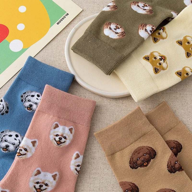 

New Cute Cartoon Dog Middle Tube Socks Japanese Ins Creative Female Sokken Shiba Inu Dalmatian Malzis Teddy Pomeranian Dropship