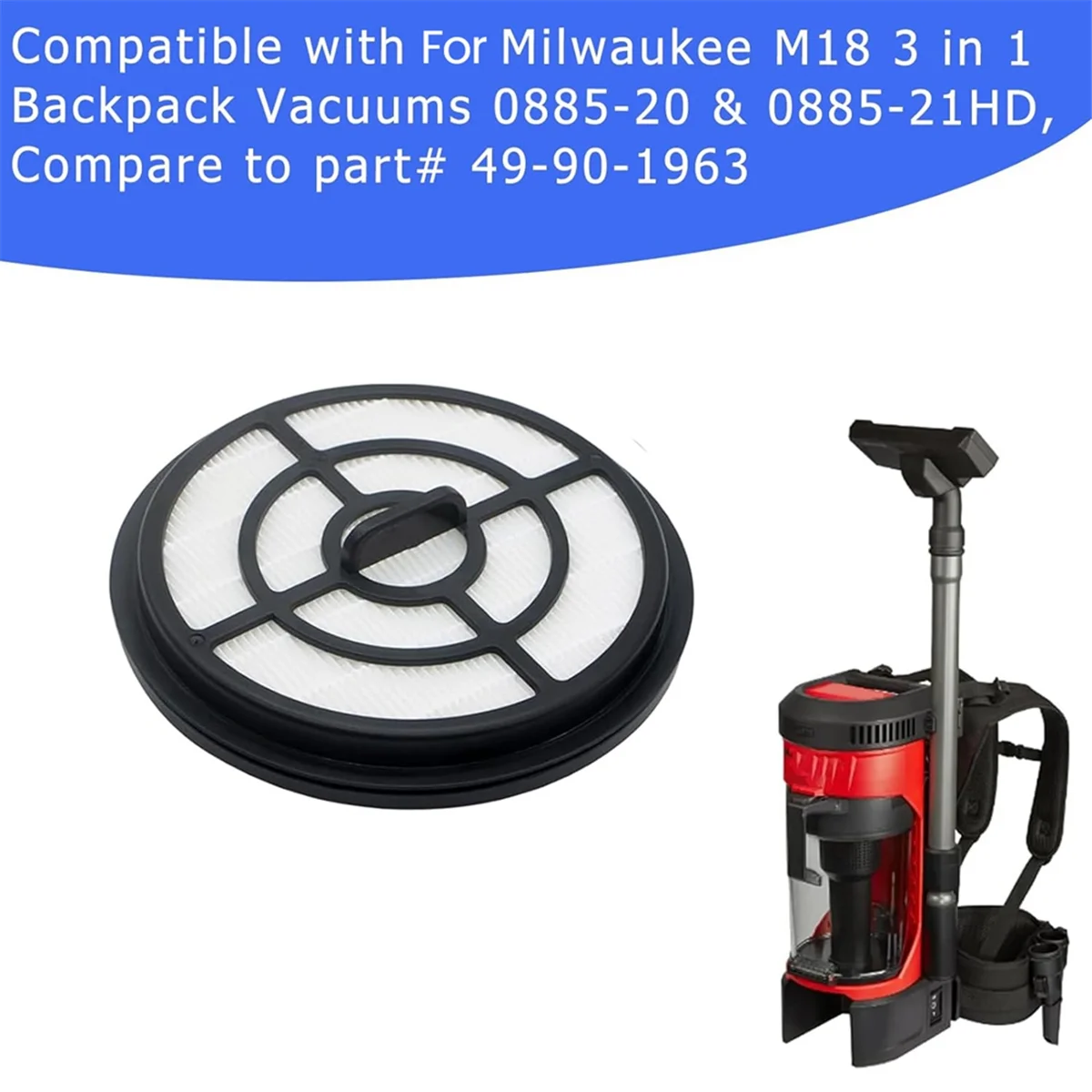 Сменный фильтр 49-90-1963 2 упаковки для рюкзаковых пылесосов Milwaukee M18 3-в-1 0885-20 и 0885-21HD