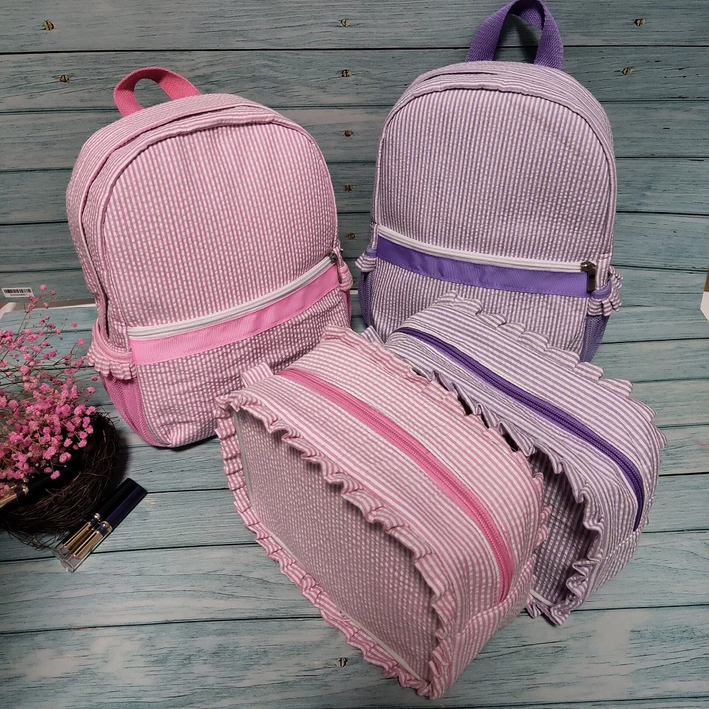 50PCS Kids Ruffle Seersucker Backpacks PersonalizedPink/Purple Ruched Kids Backpack Light Soft For School Bags Weekend Wholesae