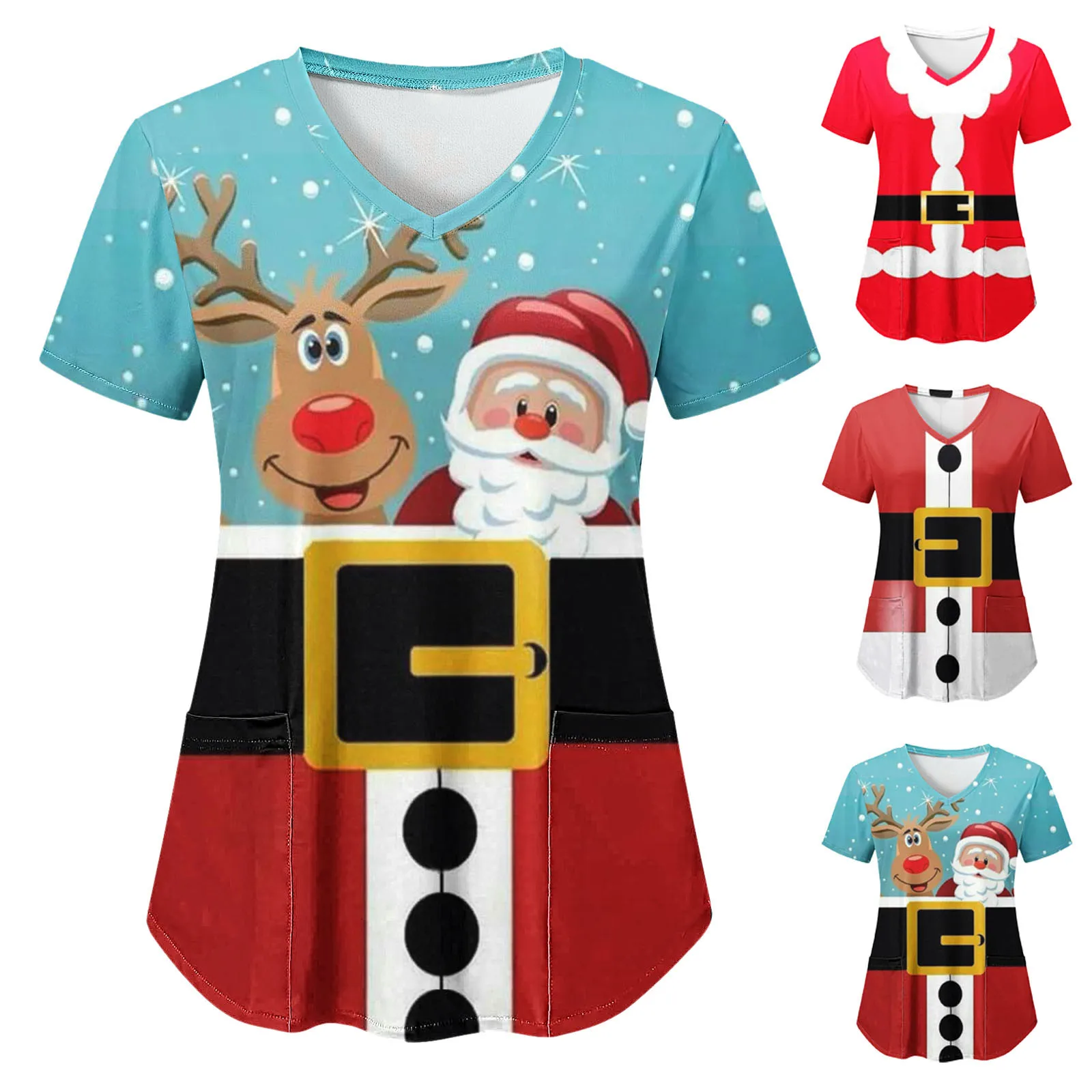 

2023 Рождественская скраб-Униформа женская повседневная с V-образным вырезом Рождественская короткая с забавным принтом Новогодние рождеств...