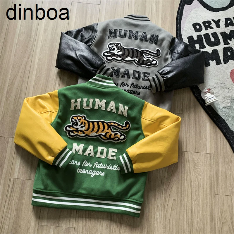 

Dinboa-flocking Towel Embroidery Tiger Human Made Varsity Baseball Jackets Men Women Green Gray Patckwork Leather Sleeve Coat