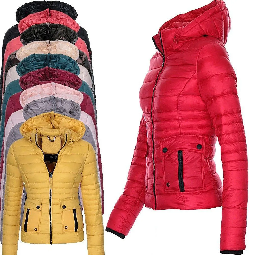 

S-3XL 10Colors Thicken Warm Slim Fit Quilted Jackets With Zipper Hooded Casual Solid Winter Women Down Coat