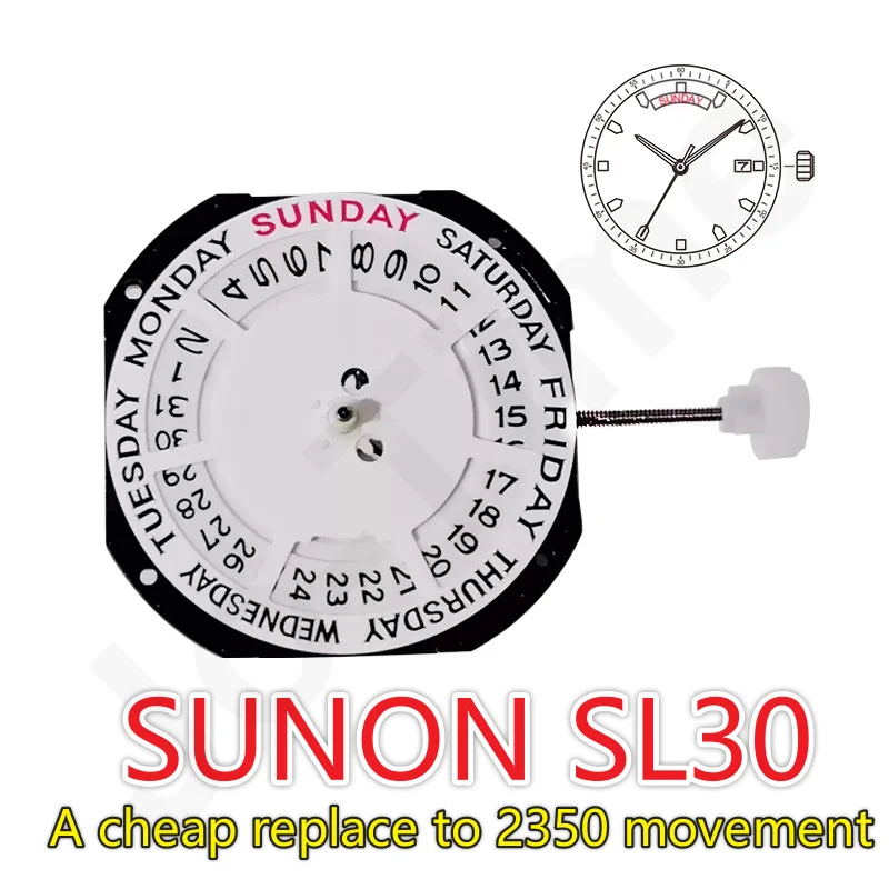 Фото Механизм SL30, Китай, Sunon SL30DD, кварцевый механизм, календарь с тремя стрелками, широкий день/дата, замена механизма 2350. №1