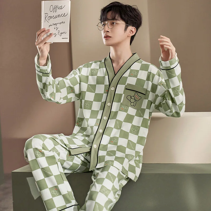 Men's suit pajamas, new spring and autumn days, long-sleeved cotton, high-grade home clothes, can be worn in large sizes