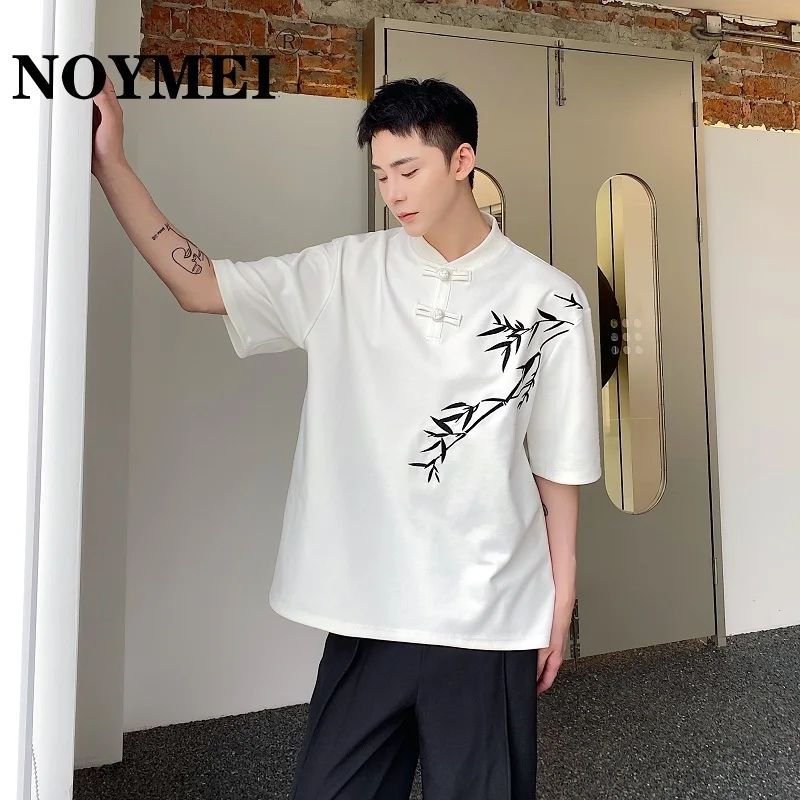 

NOYMEI Summer Chinese Button Embroidered Bamboo Short Sleeve Men's T-shirt Trend Half Sleeve contrast color 2023 male Top WA1424