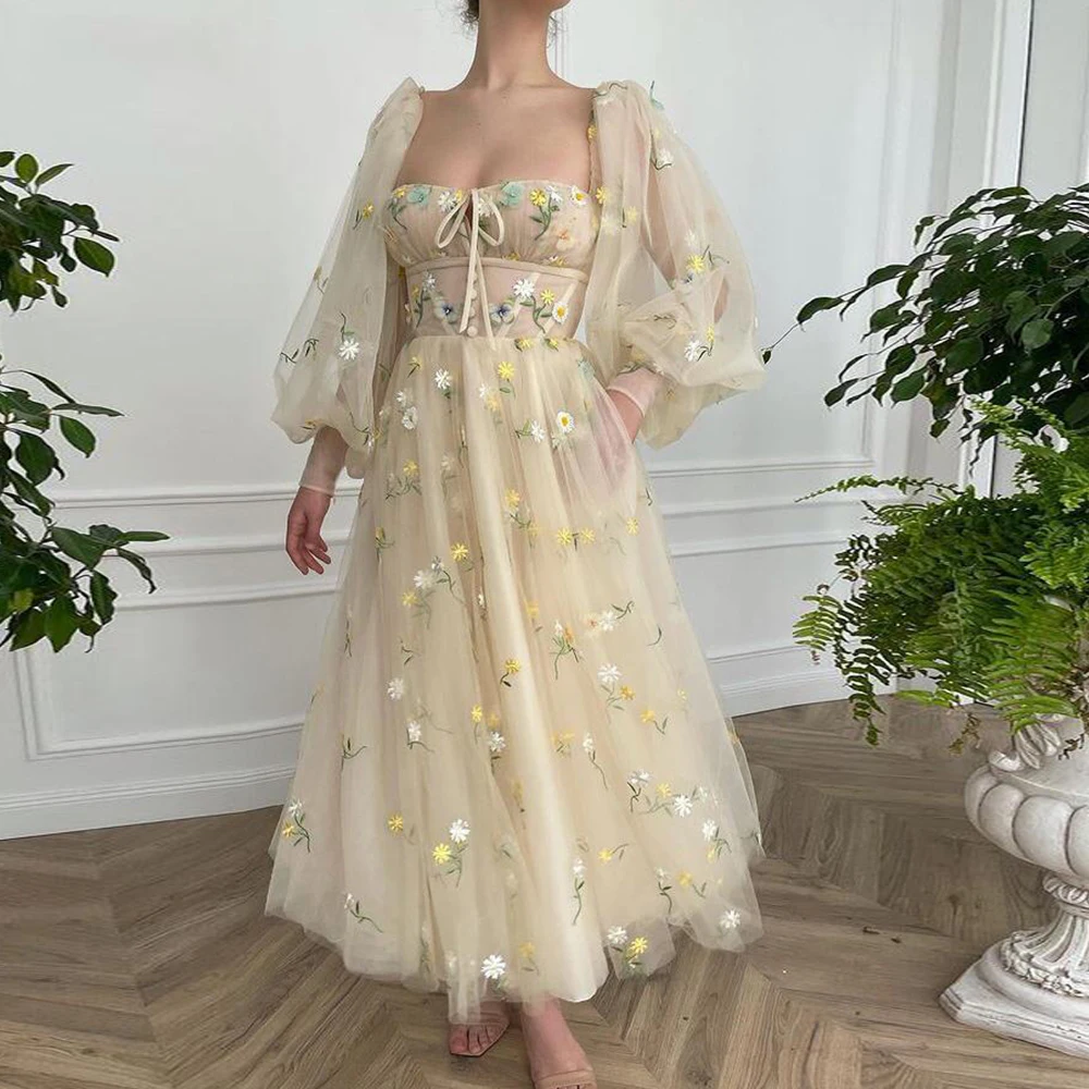 

GUXQD Square Neck Prom Dresses Long Puff Sleeves Embroidery Tulle Prom Gowns A-Line Ankle-Length Wedding Party Dresses