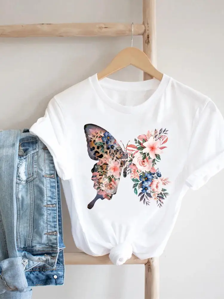 

T Shirt Clothing T-shirt Summer Print Clothes Short Sleeve Tee Flower Wing Leopard Trend 90s Women Fashion Graphic Female Top