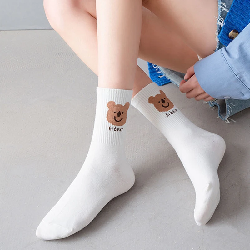 5Pairs Women Socks  Rabbit Bear Print Female Casual Socks Winter Cute Cartoon Animal White Long Socks