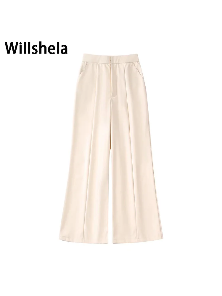 

Willshela женские модные однотонные брюки из искусственной кожи на молнии спереди винтажные длинные женские офисные прямые брюки со средней та...