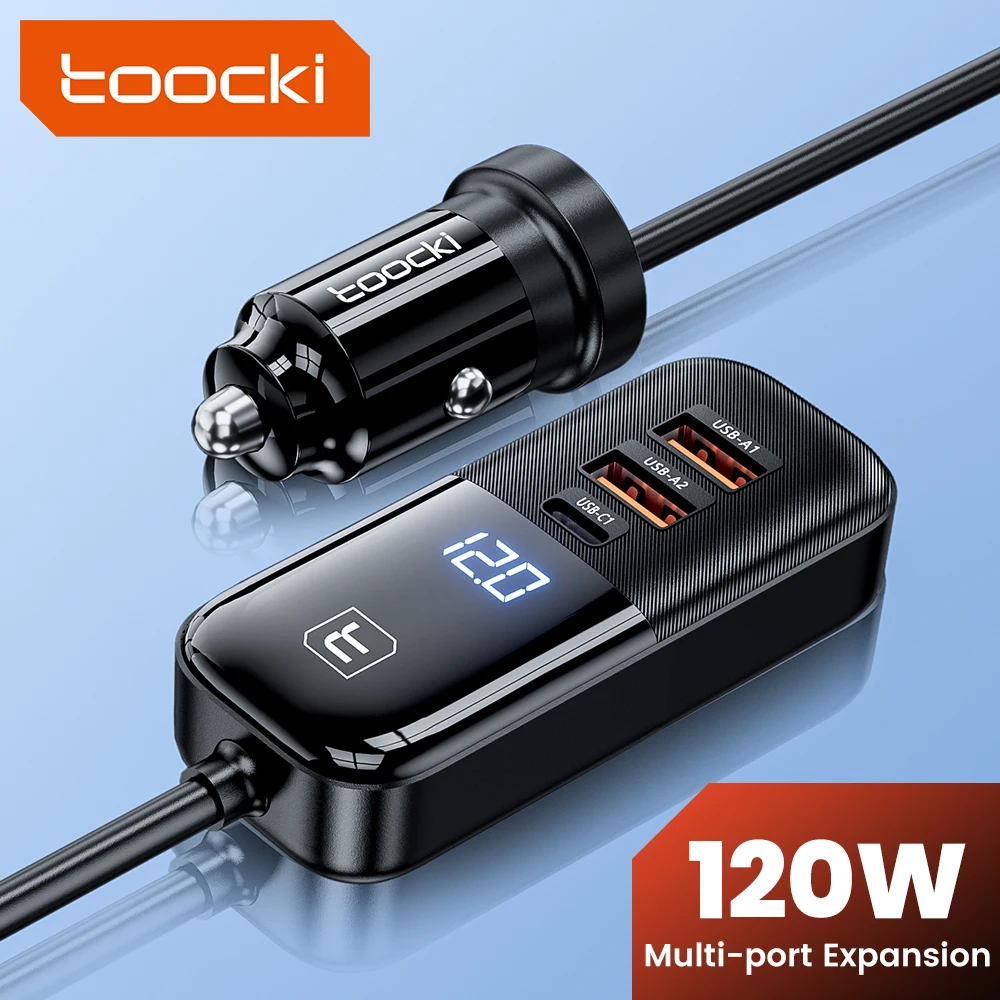 

Toocki 120W Fast Car Charger With 1.5M Expansion Rear Seat Charging Cable Digital Display USB Type C Car Mobile Phone Chargers