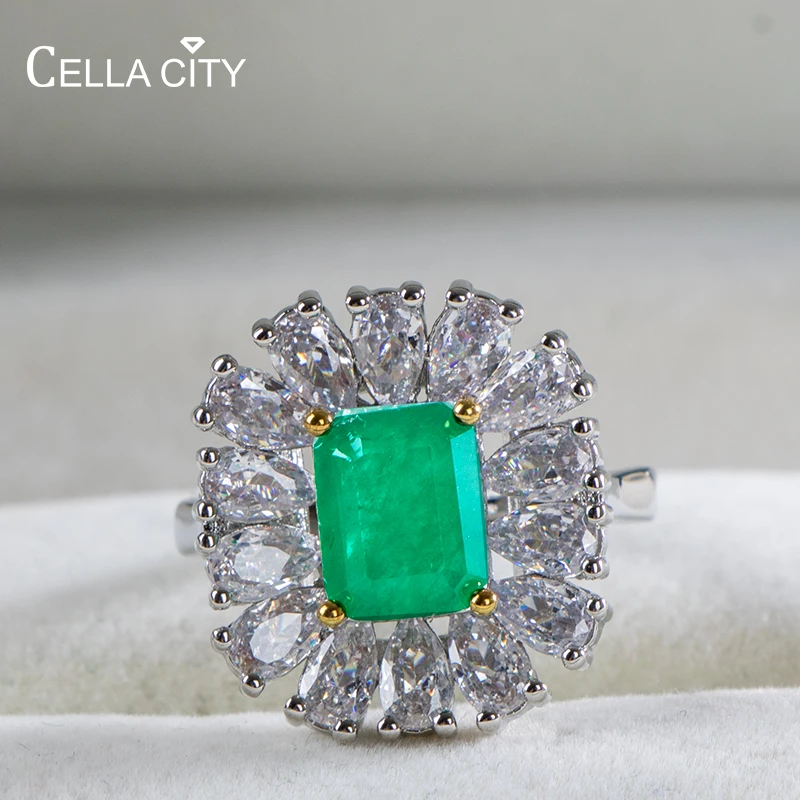 

Cellacity emerald ring sterling silver 5A zircon silver 925 jewelry open size female finger fine jewelry wedding party gift