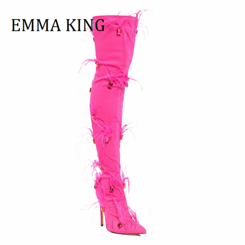 Женские розовые ботинки с украшением из перьев пикантные до бедра на шпильке