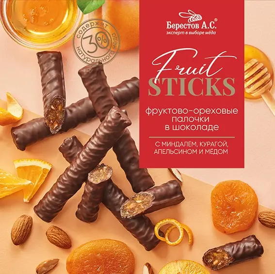 Конфеты в шоколадной глазури Fruit Sticks с курагой и миндалём Galagancha 175г - купить по