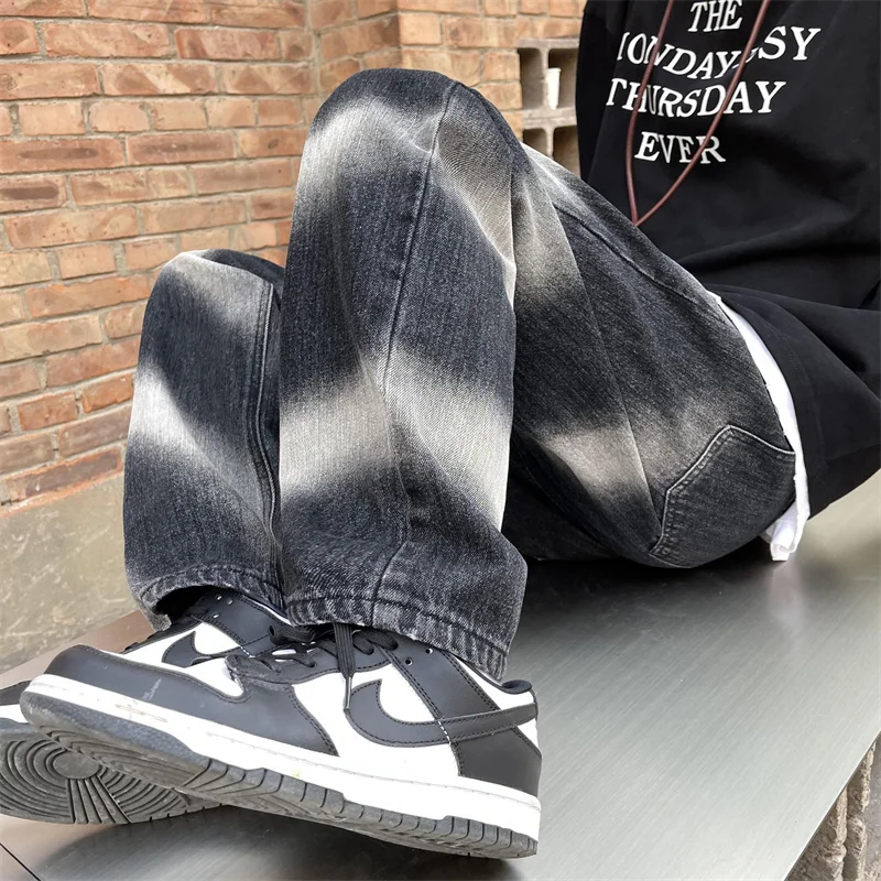 Blue Black Baggy Jeans Men Fashion Tie-dyed Jeans Men Japanese Streetwear Hip-hop Loose Straight Denim Pants Mens Trousers M-2XL