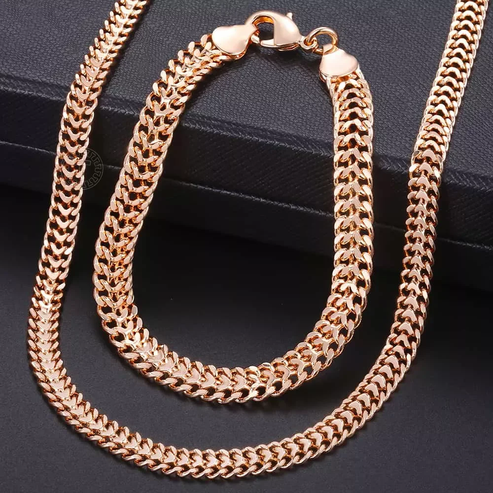 Women's Jewelry Sets 585 Rose Gold Bracelet Necklace Set Double Curb Cuban Weaving Bismark Chain 2021 Wedding Gift KCS04