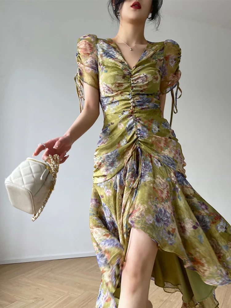 

Женское винтажное шифоновое платье-русалка, зеленое элегантное вечернее платье средней длины с цветочным принтом и V-образным вырезом, в стиле ретро, лето 2022