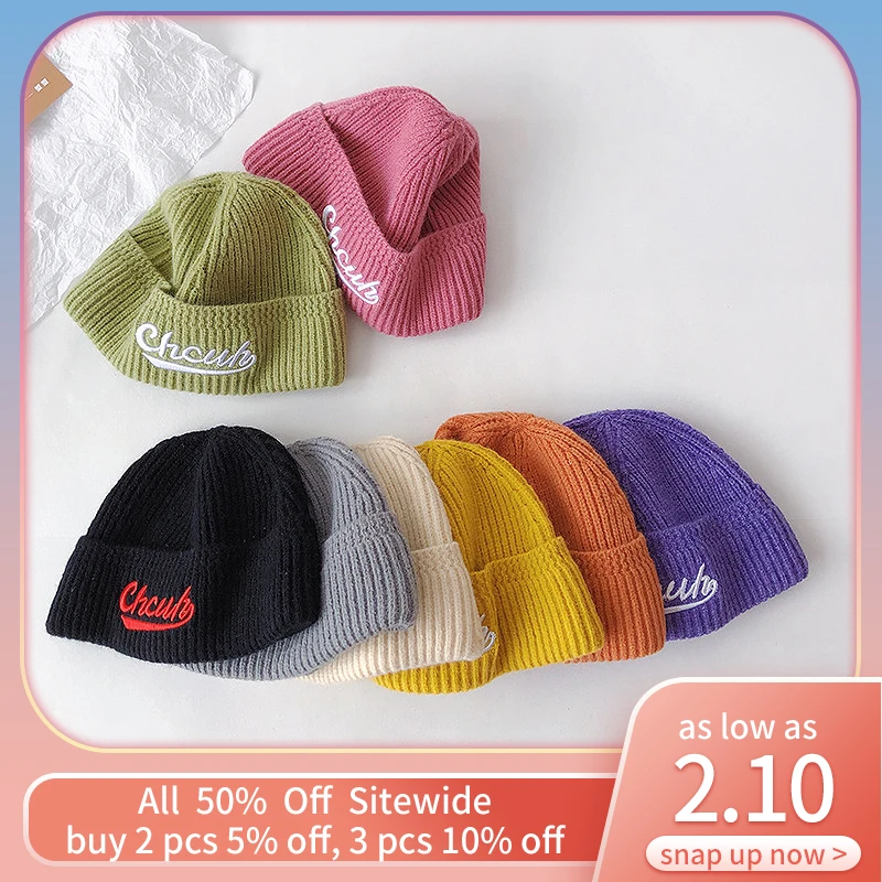 

Однотонные детские шапки, шапка, модная Корейская шапка с вышивкой букв для девочек и мальчиков, детская теплая шерстяная вязаная шапка на о...