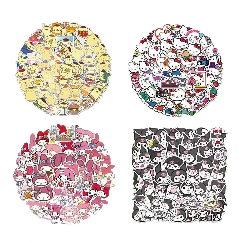 

100Pcs Kawaii Sanrio Kt Kuromi Mymelody Pompom Purin Sticker Hand Account Material Sticker Waterproof Diy Decoration Gift Toy