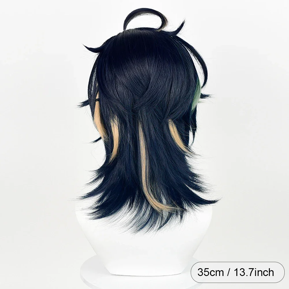 Genshin Impact Kinich Парик Синтетический Короткий Прямой Черный Синий Мелирование