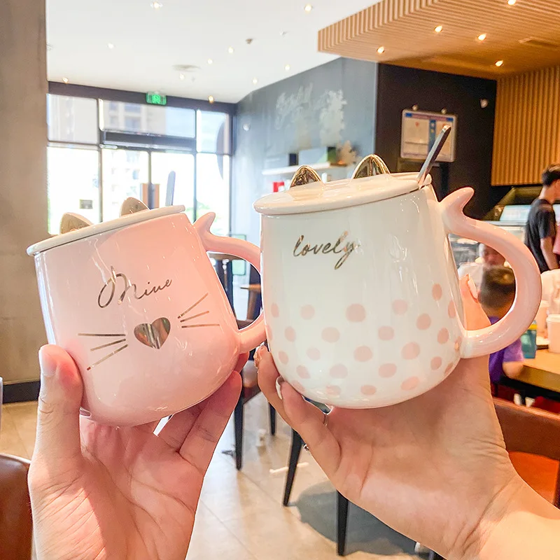 

430ml Cute girl cat mug With Lid and Spoon Coffee cup Milk Tea Mugs Breakfast Cup Drinkware Couple Novelty Gifts